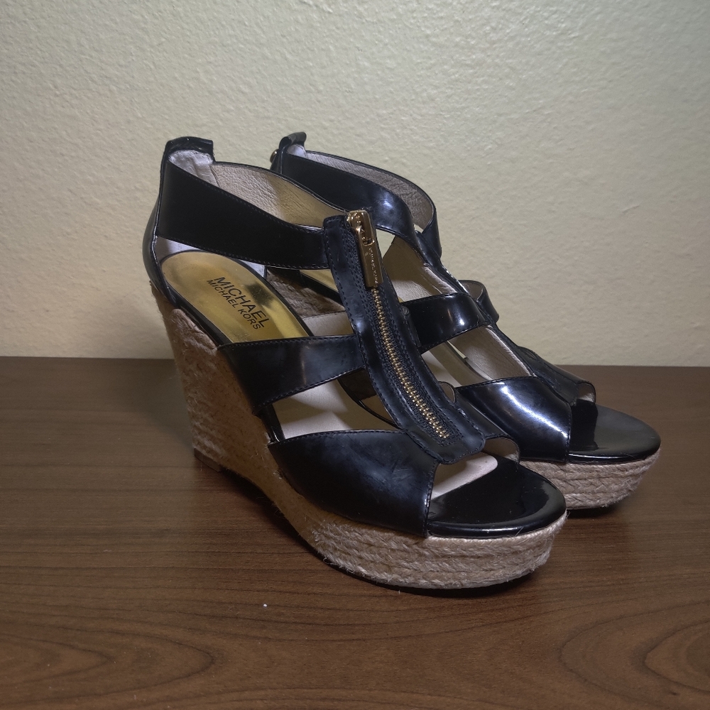Michael Kors Damita Wedge Mini MK Logo, brown, women's ,size 7.5M